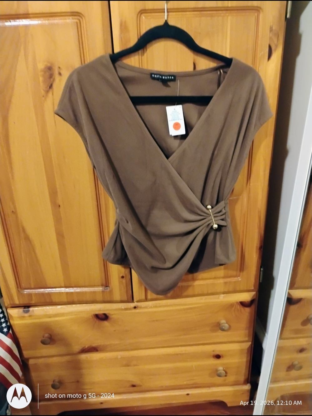 Haute Monde Brown Surplice Draped Blouse with Side Button Detail